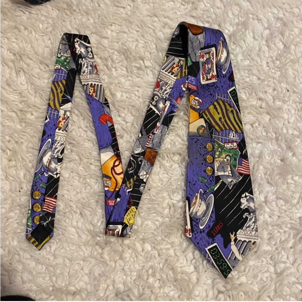 Rare 1992 Nicole Miller Stock Exchange Vintage Mens Silk Tie Multicolor